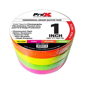 ProX GaffX™ 1" Commercial Grade Gaffers Tape, 4-Pack Multi-Color Fluorescent, 60 Yards each gaffers tape, gaffx, commercial grade tape, commercial tape, stage tape, truss tape, dj tape, dj gear, wire organization, wire tape, cable tape